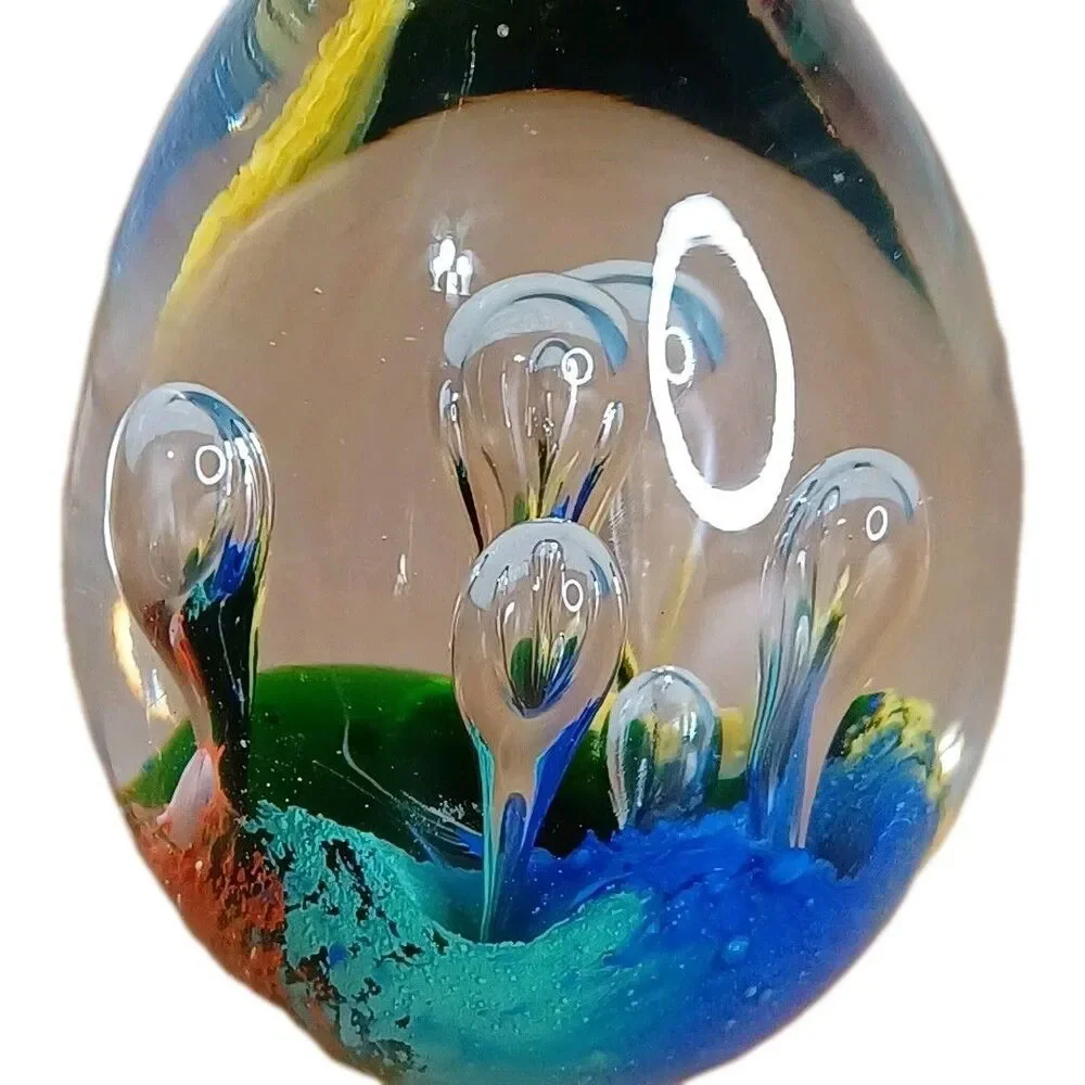 Hand Blown Art Glass Paperweight Controlled Bubbles Blue Multicolor Polished 3”